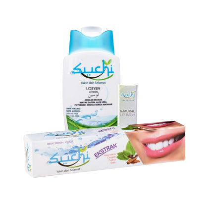 Suchi alcohol-free umrah hygiene set including toothpaste, lotion and lip balm