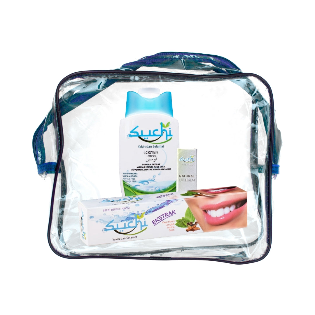 Suchi alcohol-free umrah hygiene set including toothpaste, lotion and lip balm in travel zipper bag