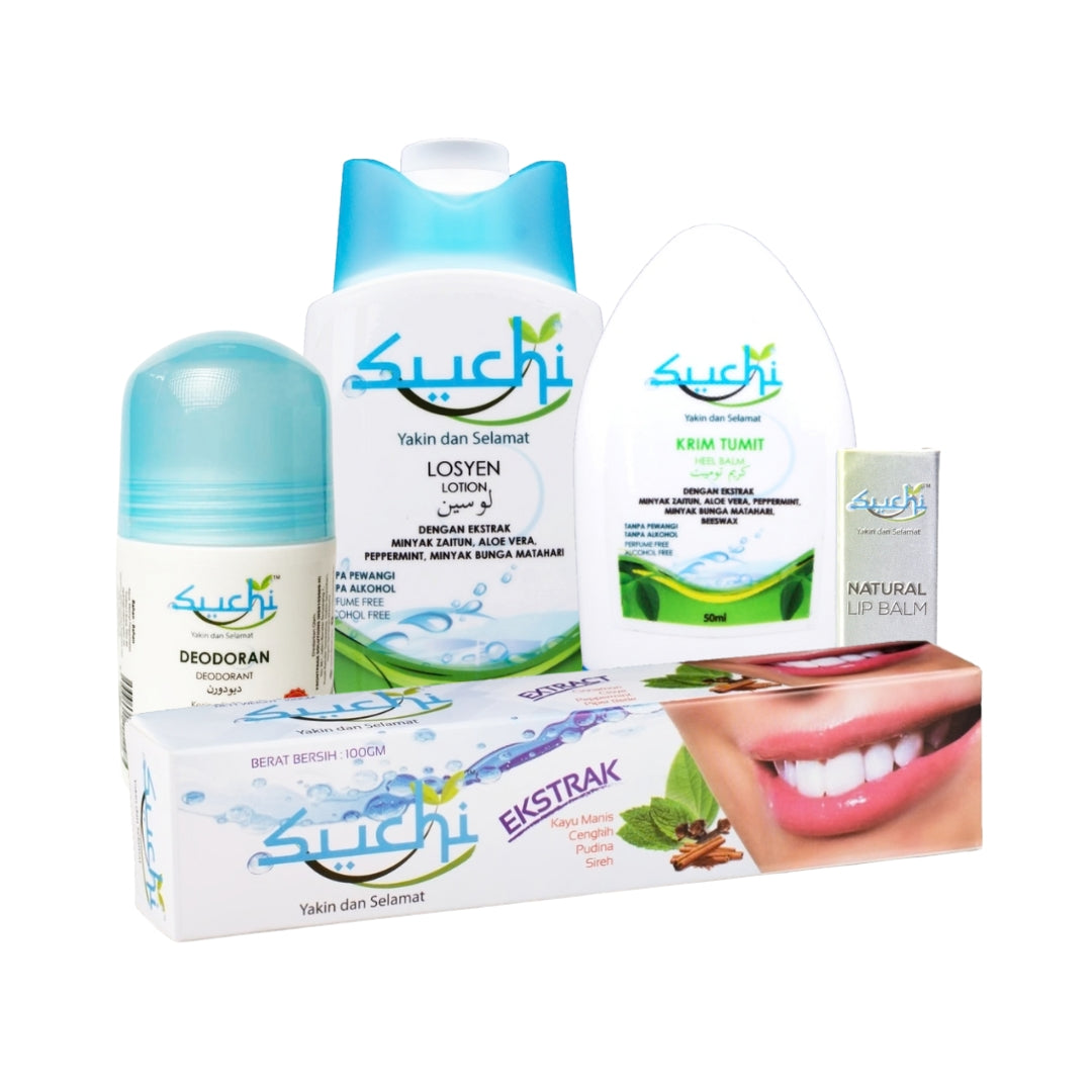 Suchi alcohol-free umrah hygiene set including toothpaste, lotion, deodorant and lip balm