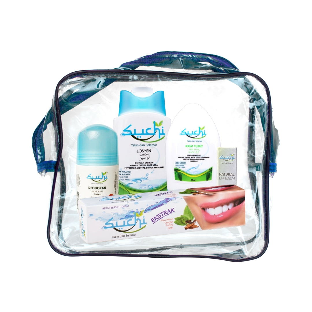 Suchi alcohol-free umrah hygiene set including toothpaste, lotion, deodorant and lip balm in travel zipper bag