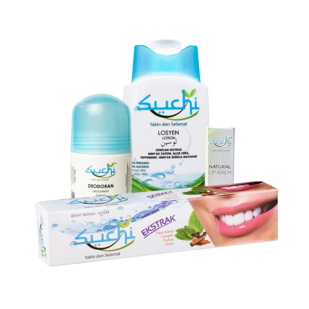 Suchi alcohol-free umrah hygiene set including toothpaste, lotion, deodorant and lip balm