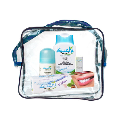 Suchi alcohol-free umrah hygiene set including toothpaste, lotion, deodorant and lip balm in travel zipper bag