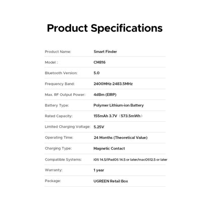 UGREEN Smart Tracker square product specifications