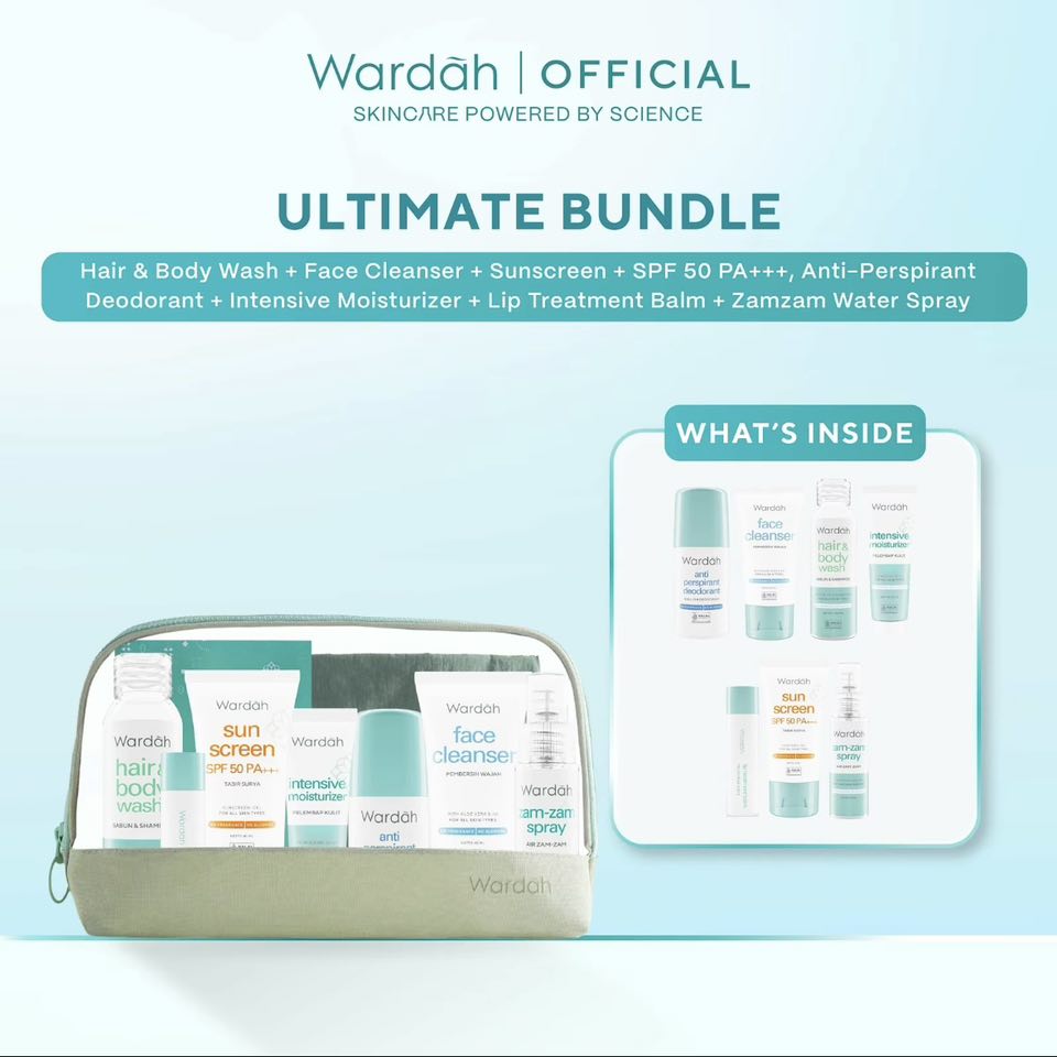 Wardah Ultimate Set flat lay — cleanser, sunscreen, moisturizer, deodorant