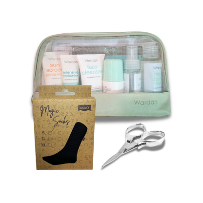 Women’s Umrah Comfort Set — Wardah 7-in-1, Anti-slip Socks & Tahallul Foldable Scissors